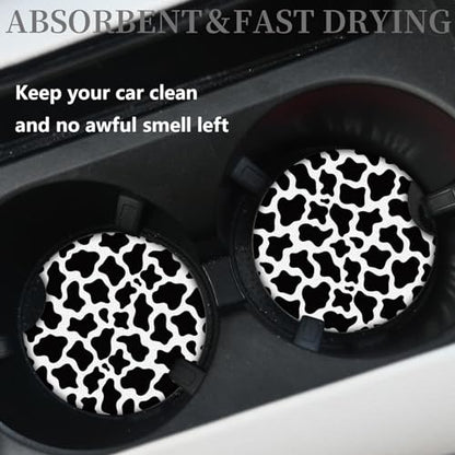 Cute Cow Print Animal Themed Black and White Cup Holders,2 Pack Universal Neoprene Car Coasters Set for Women/Men,Drink Cup Car Holder Coasters with A Finger Notch - color: Cow Print Animal Themed Black and White