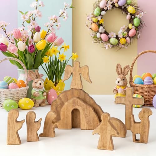 10 Pcs Easter Resurrection Scene Set Wooden Empty Tomb Easter Decorations Christian Nativity Scene Decor Cross Jesus Tomb Tray Set for Religious Home Office Tabletop Christian Gifts