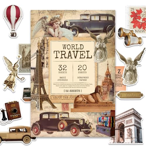 52 Sheets World Travel Stickers & Scrapbook Paper Set - Vintage Travel Themed for Scrapbooking Journaling Junk Journal Planner - Retro Adventure Stickers for DIY Crafts - color: Travel Scrapbook Stickers, style: Art Deco