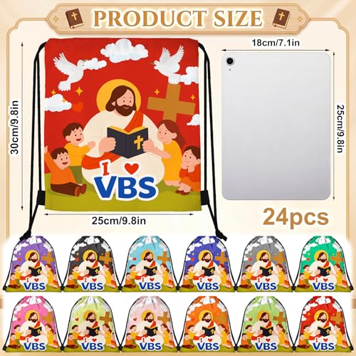 24 Pack I Love VBS Drawstring Bags Bulk Christian Theme Cinch Sack Backpack with Jesus Print Gift Bag for Church Events Vacation Bible School Gifts and Party Favor for Teacher School VBS