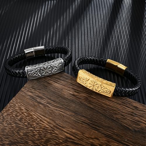 YL Mens Cross Viking Celtic Ankh Odin Compass Life Tree Leather Bracelet, 18K Gold/Black Rhodium Stainless Steel Christian Religious Protection Talisman Brown Cuff Handcrafted Jewelry Gifts - color: 18K White Gold-Celtic Compass, size: 9.1"(230mm)
