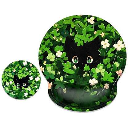 ITNRSIIET Ergonomic Mouse Pad with Wrist Support Wrist Rest Smooth Surface Non-Slip Rubber Base Comfortable Office Supplies Pain Relief, 9.8 x 9.1 inches, Green Leave Cat - color: Green Leave Cat