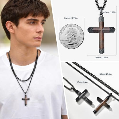 FLHEART Wooden Cross Bible Verse Necklace for Men, Hawaiian Handmade Real Black Ebony Wood Cross Pendant Stainless Steel Chain, Mens Cross Necklaces Koa Wood Jewelry Christian Baptism Easter Gifts - style: Joshua 1:9 - 2pcs