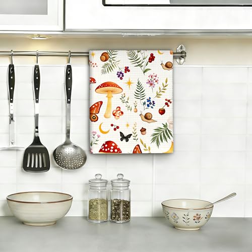Mushrooms and Wildflowers Butterflies Kitchen Towels Set of 2,Bathroom Hand Towels 16x24 Inch Absorbent Tea Washcloths for Cleaning Spring Bathroom Decor Kitchen Accessories Gifts - color: Mushrooms and Wildflowers Butterflies