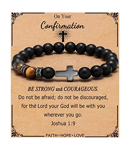 QWNHONEY Cross Bracelet for Men Son Brother Baptism Communion Birthday Anniversary Christmas Christian Black Tiger Eyes Bead - style: On your confirmation