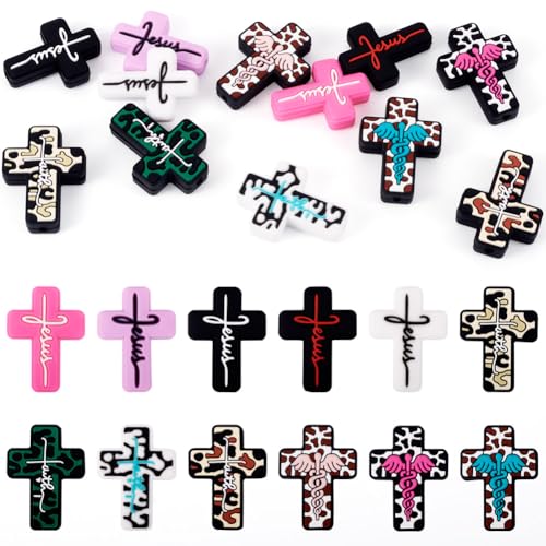 Beadthoven 12Pcs 12 Styles Cross Silicone Focal Beads Word Jesus Cow Leopard Printed Silicone Beads Cute Cross Shaped Charm Spacers for Pens Keychain Jewelry Making DIY Supplies Crafting - color: Jesus Cross 12 Styles