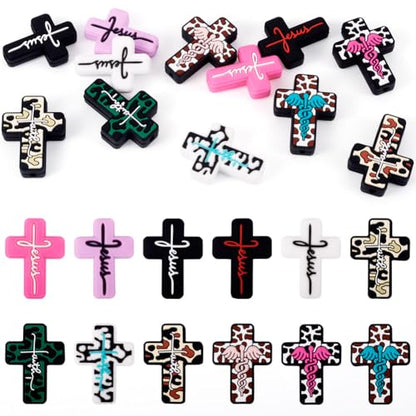 Beadthoven 12Pcs 12 Styles Cross Silicone Focal Beads Word Jesus Cow Leopard Printed Silicone Beads Cute Cross Shaped Charm Spacers for Pens Keychain Jewelry Making DIY Supplies Crafting - color: Jesus Cross 12 Styles