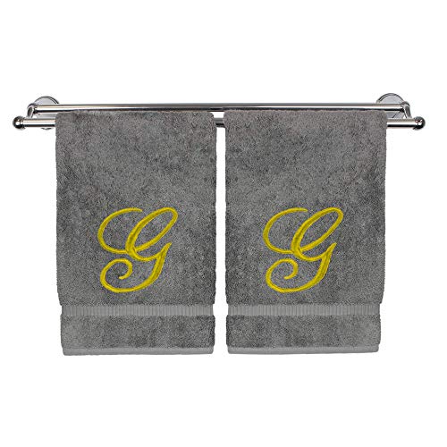 Monogrammed Hand Towel, Personalized Gift, 16 x 30 Inches - Set of 2 - Gold Embroidered Towel - Extra Absorbent 100% Turkish Cotton - Soft Terry Finish - for Bathroom, Kitchen and Spa - Script G Gray - color: Gold on Gray, style: Initial G