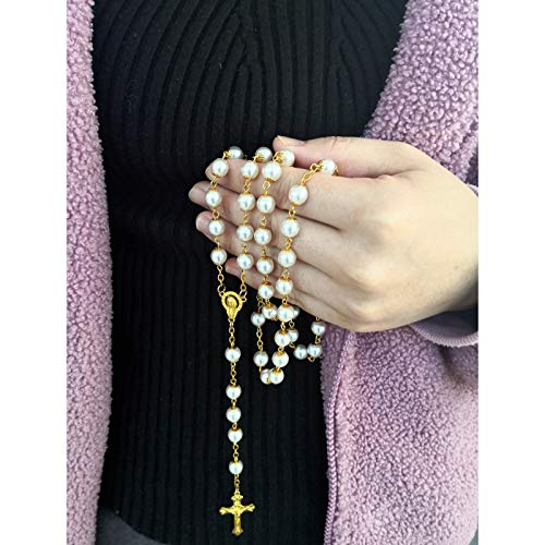 Rosary Beads Catholic for Women Girls, First Holy Communion Rosary Gifts for Girls Catholic, Gold White Rosary Necklace for Women Imitation Pearl Beads Necklace Rosarios Catolicos - color: White