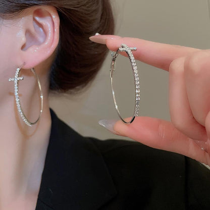 Cross Hoop Earrings for Women Trendy Large Cross Rhinestone Sparkly Hoop Earings Prom Wedding Party Formal Jewelry - color: silver W2