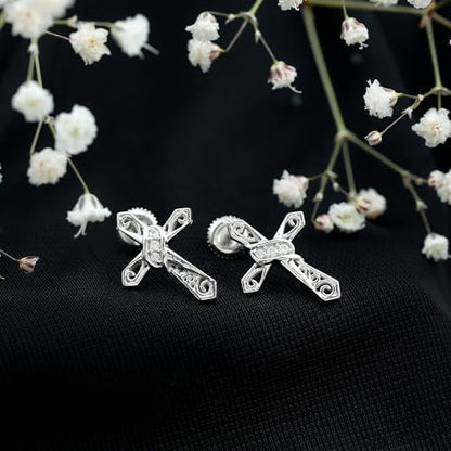 Certified Moissanite Catholic Cross Stud Earrings in Silver, D-Vs1 Quality