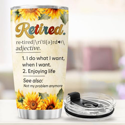 Retirement Gift Tumbler for Women Men, Funny Definition Print Stainless Steel Travel Cup, 20oz Insulated Coffee Mug, Sunflower Design, Ideal for Retiree Birthday Celebration - color: Retirement Life P5