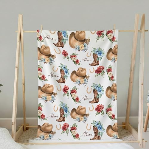 Personalized Cowgirl Throw Baby Gift Western Nursery, Cowboy Hat Boots Flower Pattern, Custom Name Toddler Kids Throw, Rustic Nursery Decor, Baby Gift Idea - color: Cowgirl Throw Baby Gift Western Nursery
