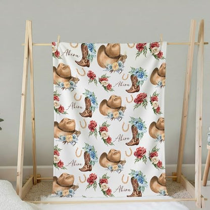 Personalized Cowgirl Throw Baby Gift Western Nursery, Cowboy Hat Boots Flower Pattern, Custom Name Toddler Kids Throw, Rustic Nursery Decor, Baby Gift Idea - color: Cowgirl Throw Baby Gift Western Nursery
