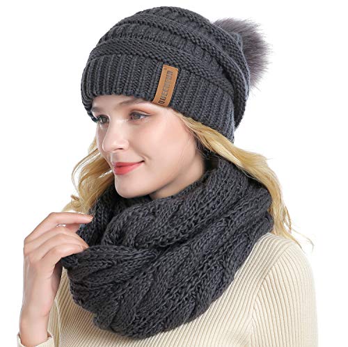 Winter Women Thick Cable Knit Ribbed Infinity Circle Loop Scarf - color: 01a- Dark Grey Beanie&scarf Set