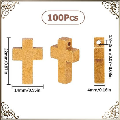 SUNNYCLUE 100Pcs Wood Cross Charms Mini Cross Beads Bulk Mini Wood Crosses Pocket Easter Rosaries Crucifix Pendants for Jewelry Making Hanging Ornament Party Favors - color: 100Pcs Camel 22x15mm
