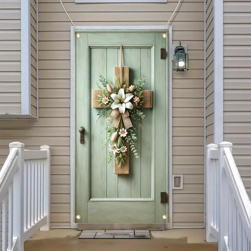 Easter 71x35 Inch Door Cover Banner Rustic Cross Lily Flower Decoration for Home PorchIndoor Outdoor Spring Christian Holiday Celebration Decor - color: Cross #2
