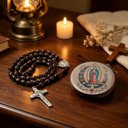 Wooden Catholic Rosary Beads, Rosarios Catolicos with Decorative Prayer Box - color: Brown (6)