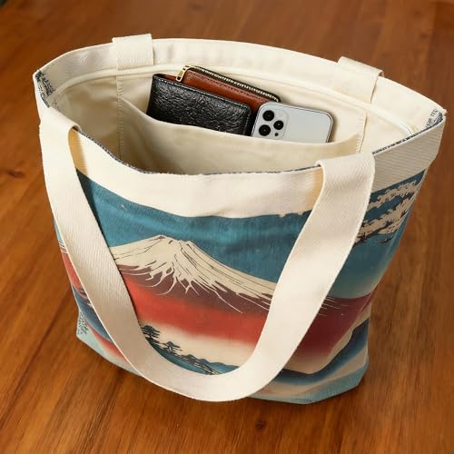 Large Tote Shopping Bag Cotton Canvas-Reusable grocery Bag with Zipper Aesthetic Reusable Shoulder Bag - style: Style-f
