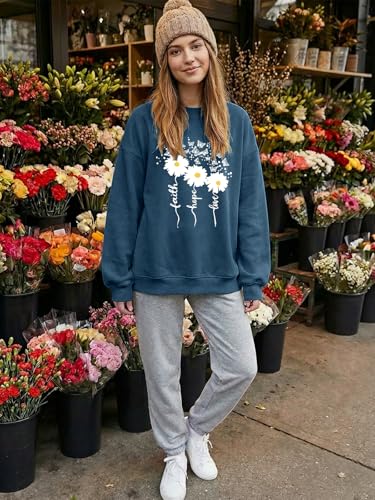 Christian Sweatshirts For Women Oversize Daisy Print Sweatshirts - color: Blue, size: Small