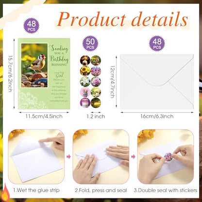 Motiskyy 48 Pack Religious Christian Birthday Cards Bulk with Scripture Assorted Bible Verse 4.5 x 6.2 Inch Christian Blessings Birthday Greeting Cards with Envelopes and Stickers (Warm Message Style) - style: Warm Message Style