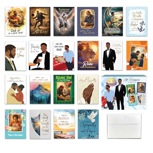 African American Expressions Men's All Occasion Greeting Card Assortment Box - 18 Inspirational Black Men Art Cards with Envelopes, Prewritten Messages & Space for Personal Notes, 5 x 7 Inch - style: Assortment 890