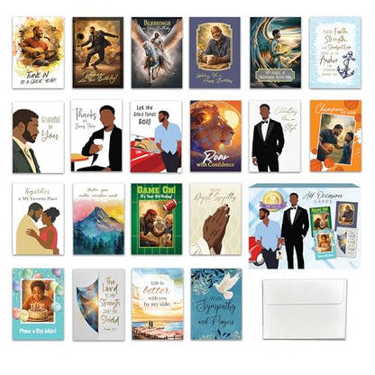 African American Expressions Men's All Occasion Greeting Card Assortment Box - 18 Inspirational Black Men Art Cards with Envelopes, Prewritten Messages & Space for Personal Notes, 5 x 7 Inch - style: Assortment 890