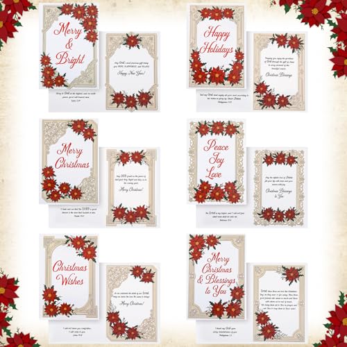 Harloon 48 Set Christian Christmas Prayer Cards with Envelopes Bulk Poinsettia Collage Religious Jesus Catholic Christmas Cards with Blessings Inside for Xmas Blessing Gift, 6 Styles, 4 x 6 Inch