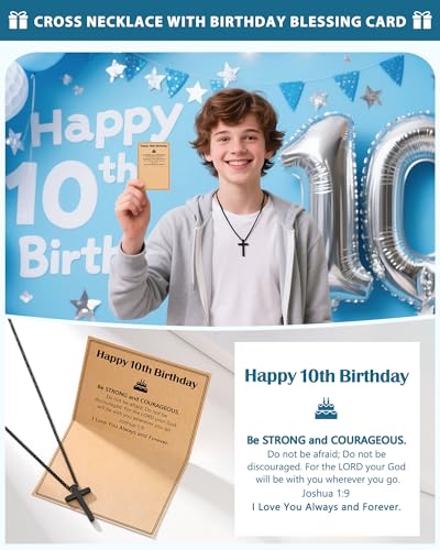 Birthday Gift Cross Necklace for Boy 8–30 Year Old with Joshua Card - style: 10th birthday