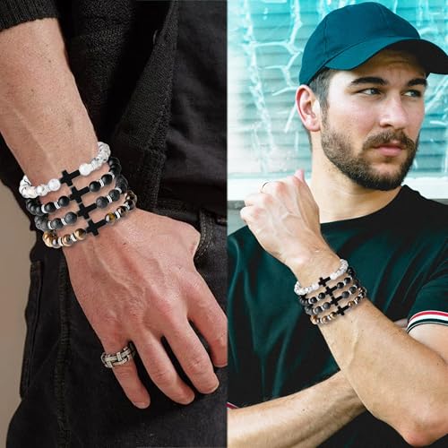 Mens Beaded Bracelets, 8MM Beaded Bracelets for Men, Natural Tiger Eye Bead Bracelet, Stretch Elastic Beads Bracelets for Men - color: Volcanic black yellow dragon