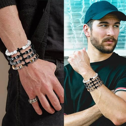 Mens Beaded Bracelets, 8MM Beaded Bracelets for Men, Natural Tiger Eye Bead Bracelet, Stretch Elastic Beads Bracelets for Men - color: Volcanic black yellow dragon