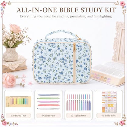 Britimes Bible Cover Case for Women, Blue Bible Cover with Accessories - color: Blue Floral
