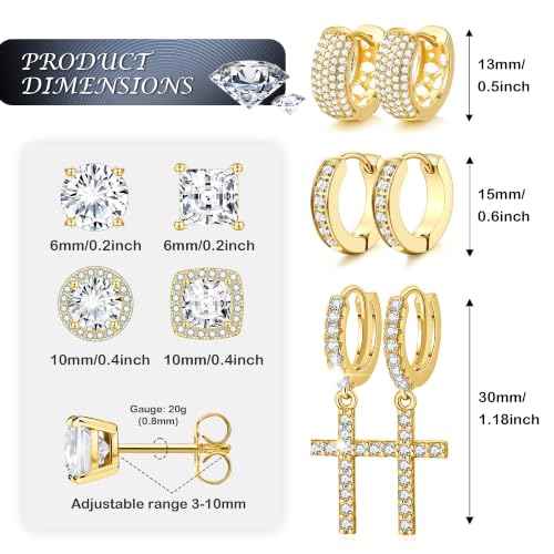 7 Pairs Stainless Steel Earrings for Men Women CZ Stud Hoop - color: Gold