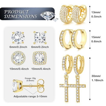7 Pairs Stainless Steel Earrings for Men Women CZ Stud Hoop - color: Gold