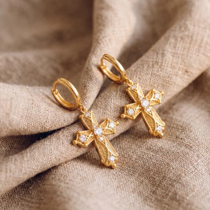 VACRONA Gold Heart Hoop Earrings Huggie Earrings for Women 14k Gold Plated Small Hoops Earrings - color: Cross-CZ-Gold