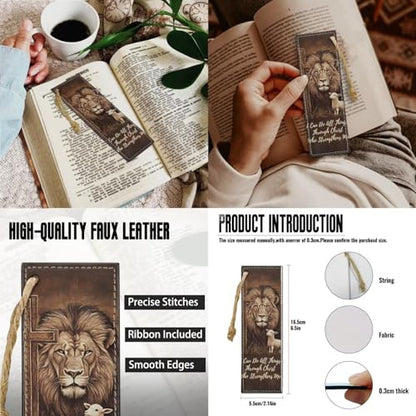 Faux Leather Bible Cover Church Bible Bag with 2 Pcs Bookmarks Brown Cross Lion Lamb Print Book Covers Carrying Bible Case with Zippered Pockets for Prayer, XL - color: Brown Cross Lion Lamb, size: X-Large