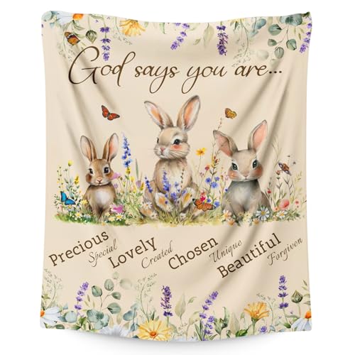 Girls Bunny Blanket with Floral for Daughter Mom, Christian Blanket Gift for Women Christians Birthday, 30x40 Inches Small Soft Rabbit Decor Throw for Sofa Couch Bed Home - color: Ivory, size: 40”x30"
