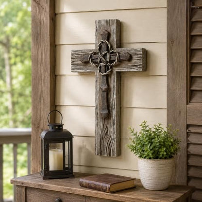 Comfy Hour 13 Inch Wall Cross, Rustic Faux Wood Decor