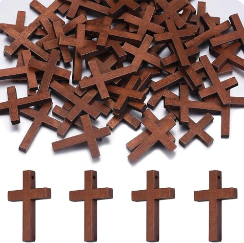 50 Pcs Wooden Cross Charm Cruz De Madera Pendant Bulk for DIY Craft Easter Party Favors Christian Baptism Rosary Jewelry Making