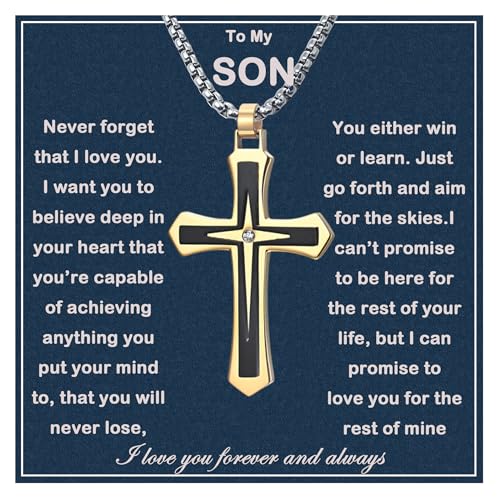 MGOOL Son Gifts From Mom To My Son Necklace From Dad Faith Cross Necklace Present Graduation Birthday Gifts Message Card＆LED Gift Box - color: SN928 Gold-black Wooden Led Box