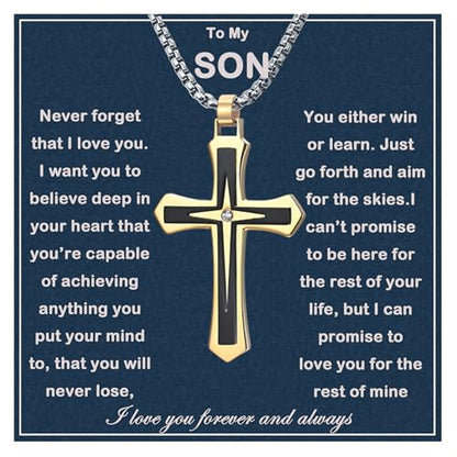 MGOOL Son Gifts From Mom To My Son Necklace From Dad Faith Cross Necklace Present Graduation Birthday Gifts Message Card＆LED Gift Box - color: SN928 Gold-black Wooden Led Box
