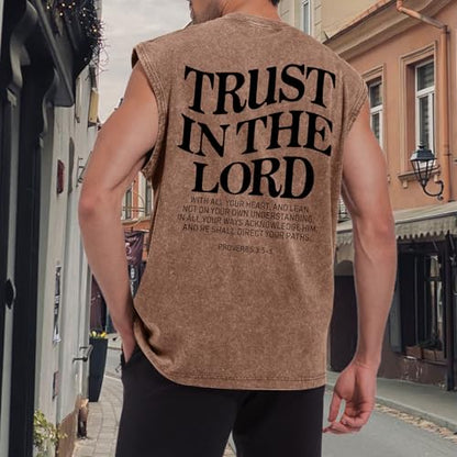 Mens Christian Tank Tops Trust in The Lord God Jesus Religious Faith Bible Verse Shirts Graphic Acid Wash Gym Tees - color: Coffee, size: Small