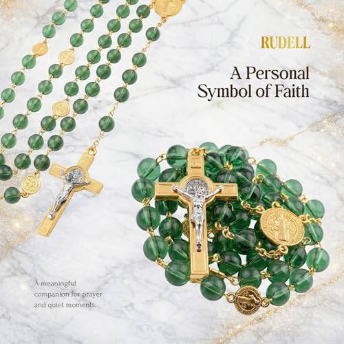 RUDELL Rosary Beads Catholic for Women - Rosary Necklace for Women with Pearl Beads - Medal Cross Saint Benedict Rosary for Men - Prayer Rosarios Catolicos Jewelry Gift - color: Green