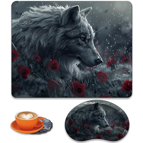 Mouse Pad 9.4"x7.9" + Wrist Support Pad + Embroidered Cup Pad Non-Slip Set, Ergonomic Mouse Wrist Support Pad, Suitable for Office/Gaming/Home Use, Wolf and Rose - color: Wolf and Rose