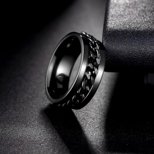 Mens Fidget Rings Anxiety Ring for Men 6mm 8mm Chain Spinner Ring Size 5-14 - color: Black Black
