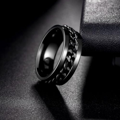 Mens Fidget Rings Anxiety Ring for Men 6mm 8mm Chain Spinner Ring Size 5-14 - color: Black Black