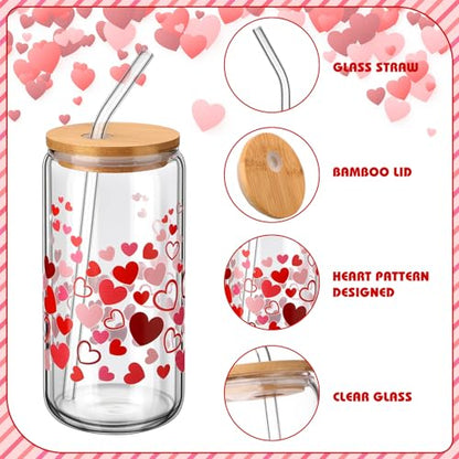 SiliFine 6 Pcs Valentine Heart Glass Cups, 16 oz with Lids and Straws - style: Heart
