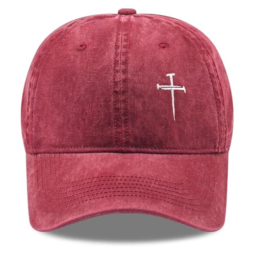 Inspirational Christian Baseball Cap, Adjustable Embroidered Cotton Hat for Men Women Dad Hat Gifts for His Her - color: Jesus 3 Nail Cross - Wine Red