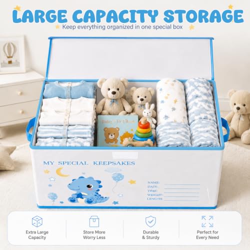 Baby Memory Keepsake Box 16x12x12 Inch Elephant Dinosaur Pattern - color: blue