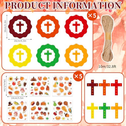 JarThenaAMCS 30 Set Fall Thanksgiving Wreath Craft Kit Autumn Christian DIY Crafts Make Your Own Wreath Cross Stickers Rope Hanging Ornament for Arts Activities Home Decorations